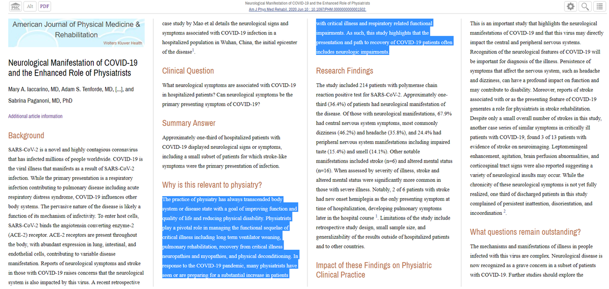 2/7: Neurological recovery after  #COVID19 in  @AJPMRjournal Patients status post  #coronavirus will benefit from setting functional goals & having a multidisciplinary approach to care=cornerstones of  #physiatry practice &  #rehabilitation  #medicine. https://tinyurl.com/y6ycg8v6&nbsp;