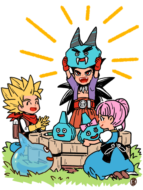 slime (dragon quest) 1girl multiple boys 2boys spiked hair blonde hair smile gloves  illustration images