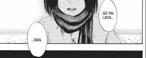 -just to be trashed in the end. As we remember the first panel, Mikasa saying "see you later" is probably the last thing Eren sees before dying. This panel would then be useless if Eren actually lives off with Historia. This panel fulfills his promise to Mikasa in-