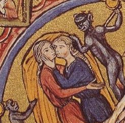 One more point: here's 1 of the few explicit images of queer eroticism, depicting 2 same-sex couples in hell for their actions. LOOK AT THE WOMEN. KISSING AND THE CHIN CHUCK. That's *how* they depicted queer women.(Österreichische Nationalbibliothek, Codex Vindobonensis 2554)