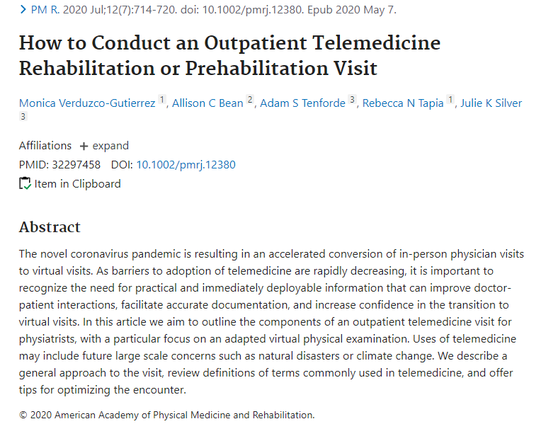 6/7: How to Conduct an Outpatient  #Telemedicine  #Rehabilitation or  #Prehabilitation Visit  @PMRJournal Check out the chart on specialized tests for physical examination that can be done virtually. #Physiatry  #PhysicalTherapy  https://tinyurl.com/y4y28s4y 