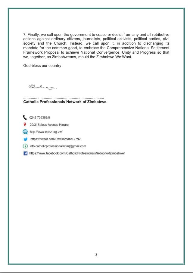 Catholic Professionals Network of Zimbabwe in solidarity with the Catholic Bishops of Zimbabwe 

#WeStandWithTheCatholicBishops