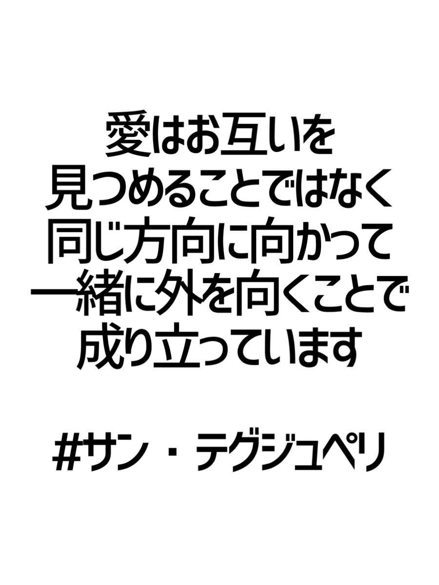 みんなの厳選名言集 愛はお互いを 見つめることではなく 同じ方向に向かって 一緒に外を向くことで 成り立っています サン テグジュペリ 名言 格言 金言 Rt歓迎 T Co Lgne4fczku Twitter