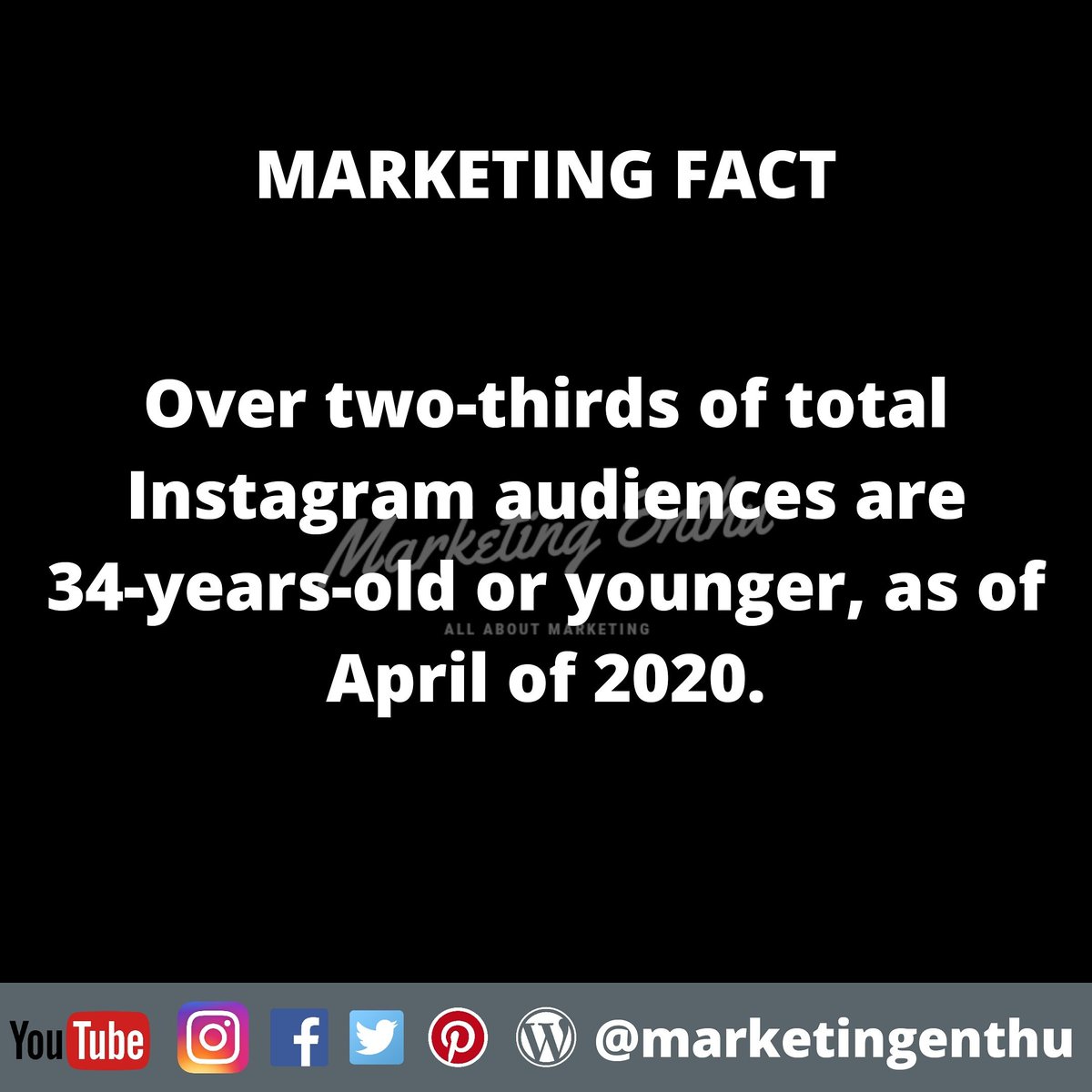 Over two-thirds of total Instagram audiences are 34-years-old or younger, as of April of 2020. 

#marketingenthu #marketingfacts #instagram #youngsters #ads #brandawareness #productmarketing #servicemarketing #advertising #advertisingstrategy #userstatistics #audience #userdata