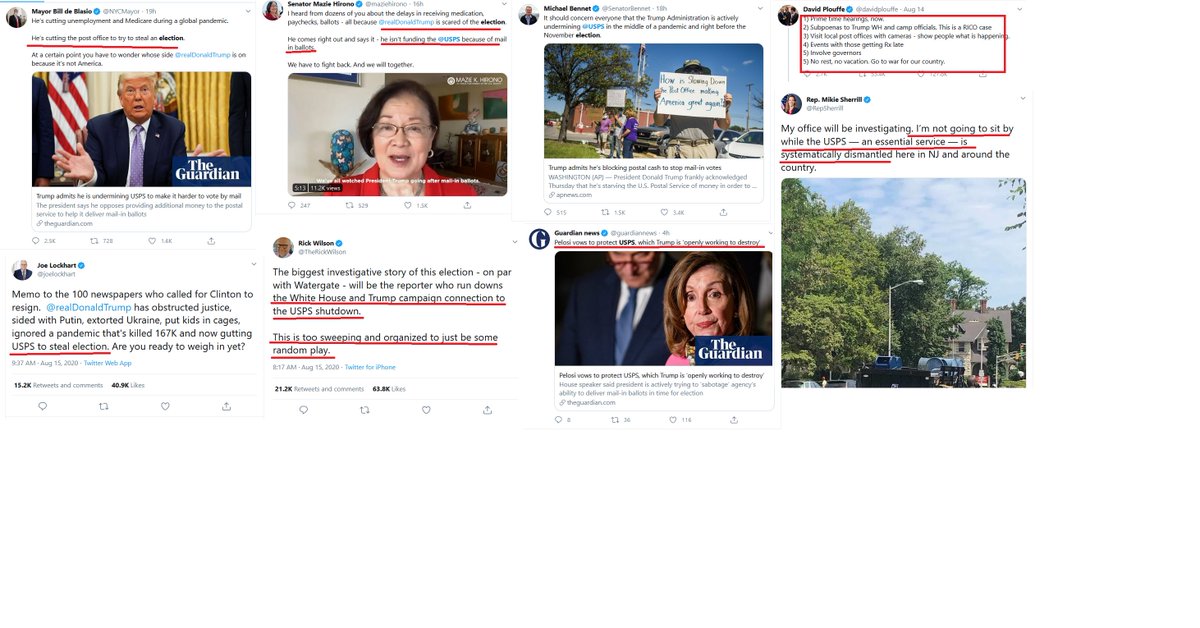 4/The conspiracy theories all say Trump is withholding money from, or dismantling USPS to prevent mail in balloting for the election. Specific theories range from "not a random play" to "conspiracy and a RICO violation" (RICO is a law used to prosecute organized crime)