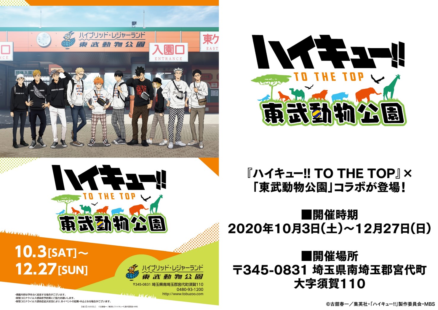 アニメ ハイキュー 東武動物公園コラボ決定 10月3日から ハイキュー To The Top と 東武動物公園 コラボが決定 東武動物公園に訪れたキャラクター達を描いた描き下ろしイラスト 飼育係をイメージしたデフォルメイラストを使用した 商品の