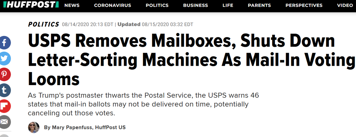 5/As things developed people pointed out a number of mail sorting machines were either being moved or taken apart. This was covered breathlessly by the press with the obvious implication: Trump was hobbling USPS!
