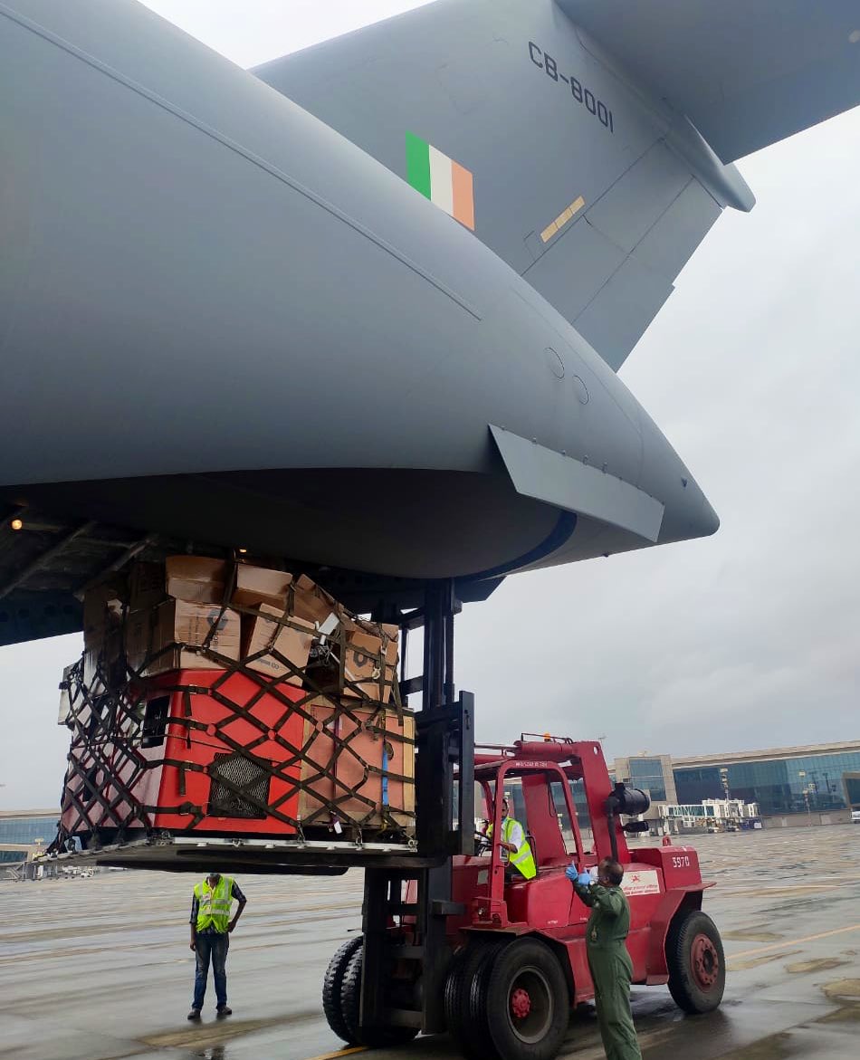 IAKFDelhi's tweet photo. #SAGAR Policy at work. 
To assist Mauritius in its ongoing #oilspill containment &amp; salvage operations, an IAF aircraft has just landed in Port Louis with 30T of specialized equipment along with a 10-member Technical Response Team from @indiancoastgaurds @PKJugnauth @PMOIndia https://t.co/1SDIbda1th