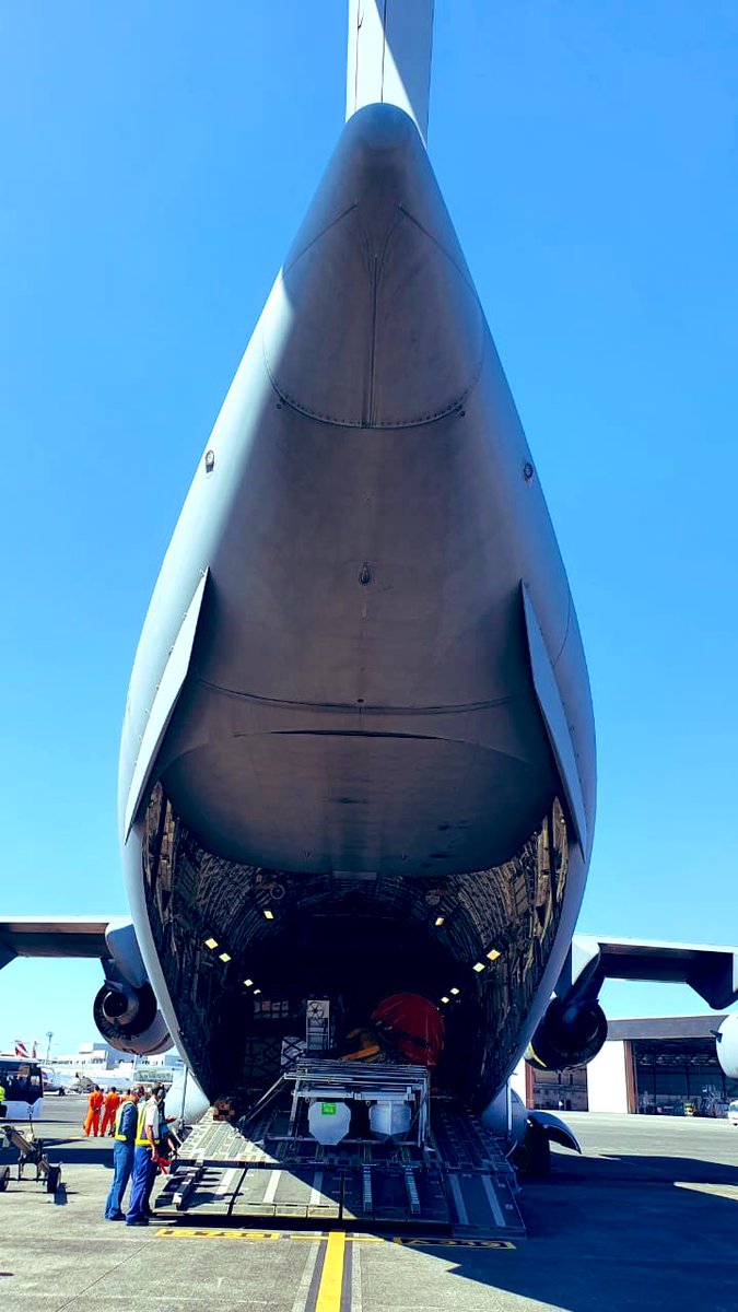 IAKFDelhi's tweet photo. #SAGAR Policy at work. 
To assist Mauritius in its ongoing #oilspill containment &amp; salvage operations, an IAF aircraft has just landed in Port Louis with 30T of specialized equipment along with a 10-member Technical Response Team from @indiancoastgaurds @PKJugnauth @PMOIndia https://t.co/1SDIbda1th