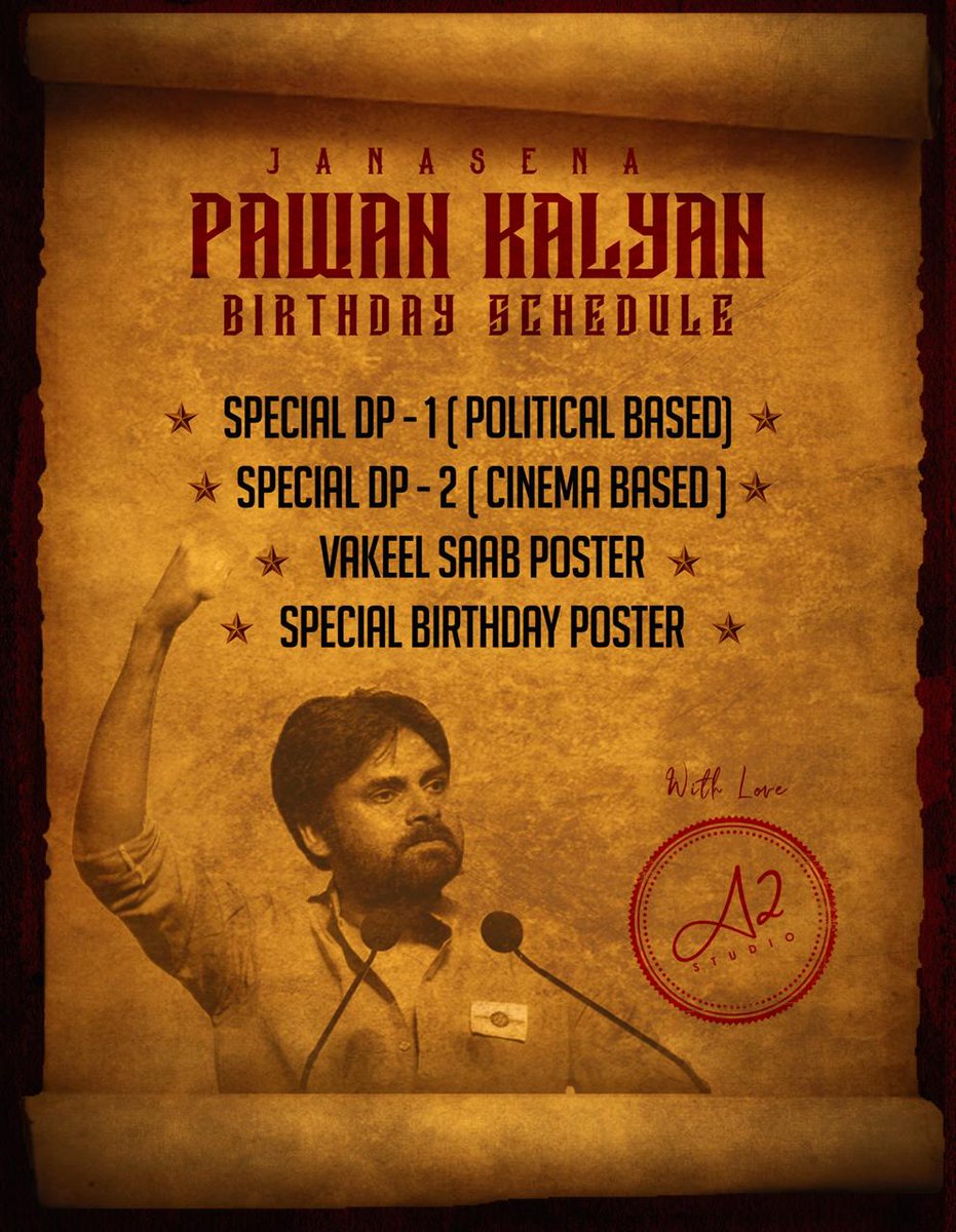 nagaraju40751's tweet photo. Power Star & Janasena Leader
@PawanKalyan Birthday Schedule by #A2Studio π₯ Masss Package by the team for main birthday tag π Get ready Cults π₯#PawanKalyanBirthdayCDP
Follow & Stay Tuned @a2studoffl π₯ https://t.co/VV1i0yO75o