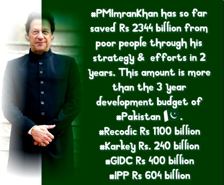 oranxaib's tweet photo. PM @ImranKhanPTI has so far saved Rs 2344 billion from poor people through his strategy &amp;  efforts in 2 years. This amount is more than the 3 year development budget of #Pakistan 🇵🇰.
#Recodic Rs 1100 billion 
#Karkey Rs. 240 billion 
#GIDC Rs 400 billion 
#IPP Rs 604 billion https://t.co/7UXRV9XbGs