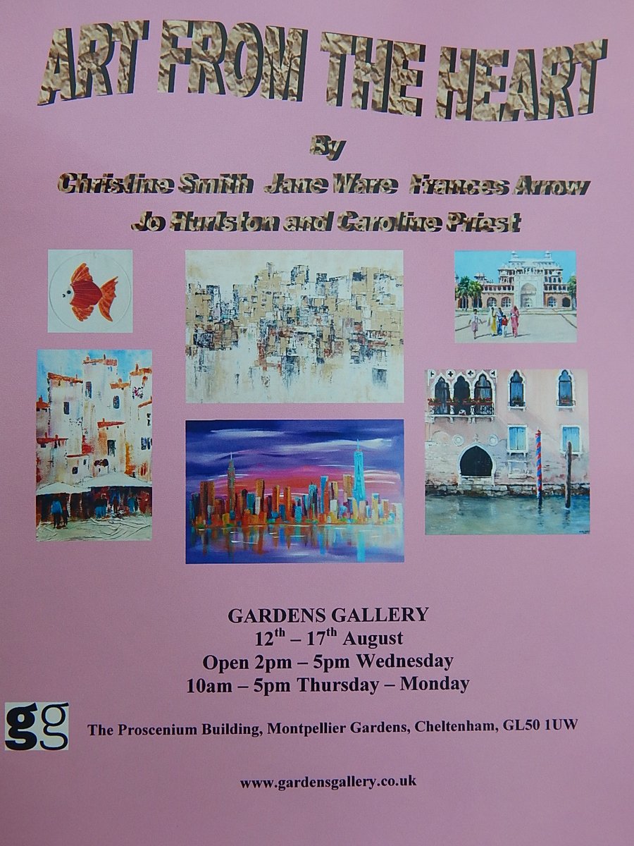 gardensgallery's tweet photo. Open Now!
12 till 17 Aug – Art from the heart
Christine Smith, Jane Ware, Frances Arrow, Jo Hurlston &amp; Caroline Priest.

Open 10 – 5 

#whatsonchelt #whatsonglos  @visitchelt @VisitGlos @VisitCotswolds #artforsale #buyart #cotswoldevents #opengalleryglos #exhibitingcheltenham https://t.co/p0Yb93HQKX