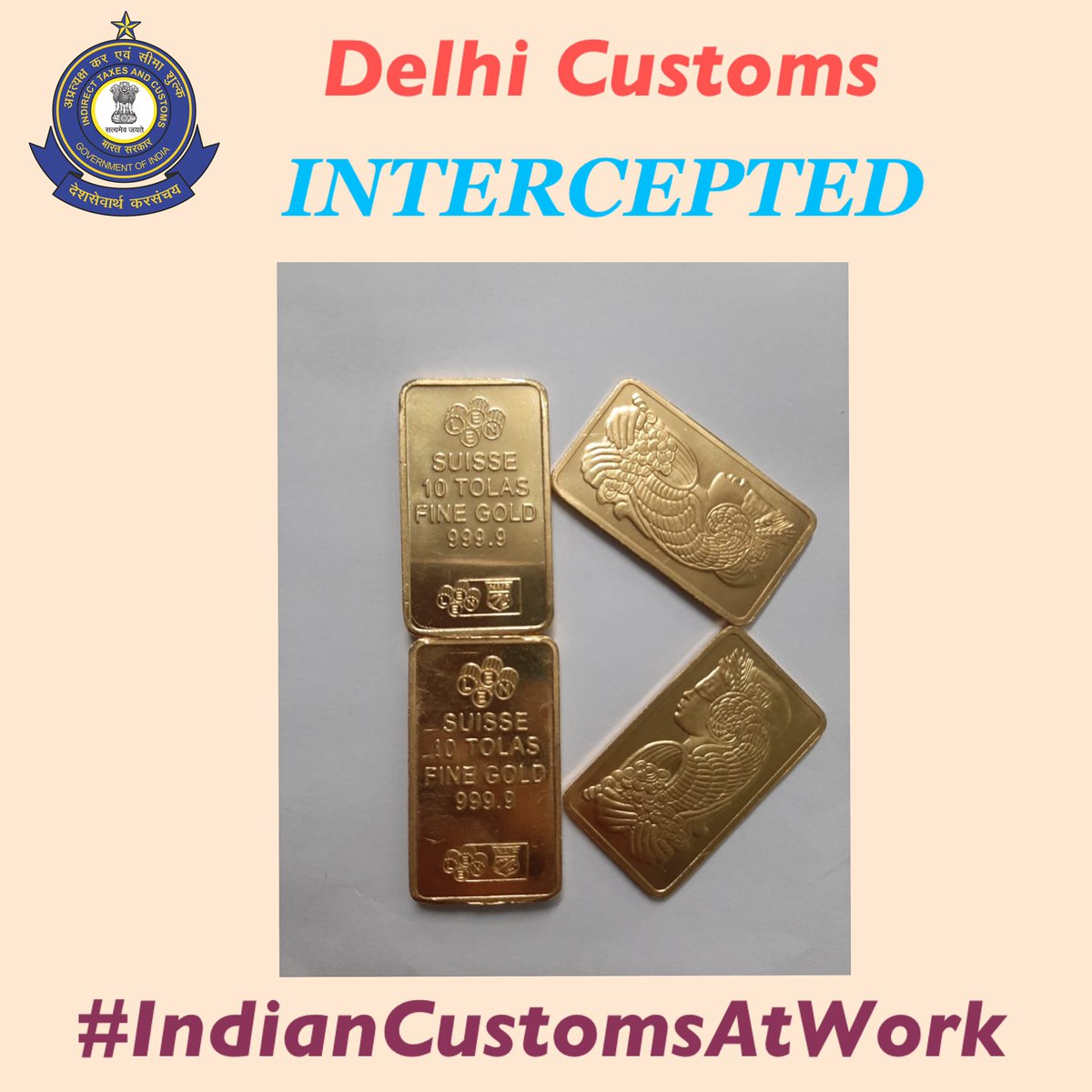 Delhicustoms's tweet photo. Delhi Airport Customs intercepted 2 passengers having 4 gold biscuits weighing 348gm and valuing 18lakhs coming via flight G8-6246 having intention to smuggle said gold from Riyadh. Gold has been seized and further investigation is on.
#IndianCustomsAtWork https://t.co/vIbHC2uDF7