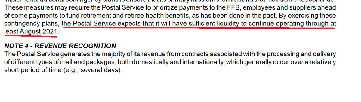 9/ According to the report linked here, USPS has liquidity to last until August 21.There is nothing that Trump can do to bankrupt the postal service prior to the election, and he does not have executive authority to prevent them from delivering mail.  https://about.usps.com/what/financials/financial-conditions-results-reports/fy2020-q3.pdf