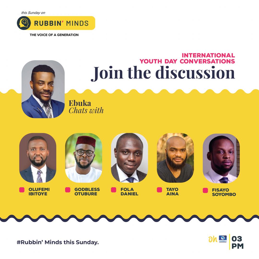 olufemiibitoye's tweet photo. Join me on @rubbinmindsnow with @Ebuka this afternoon as we have an interesting conversations on youth development and inclusion.

I will be discussing "Youth Inclusion in governance and leadership" with  @GodblessTubure
@oluyemiseun @fisayosoyombo @FolaDaniel @tayoainafilms
#IYD https://t.co/BHKXieUSN5