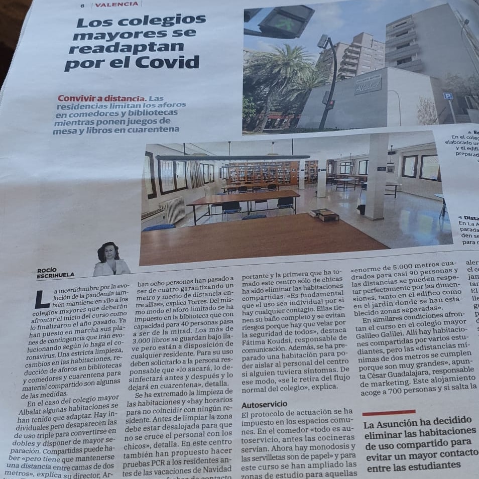 cmlaasuncion's tweet photo. El Colegio Mayor La Asunción está preparado para que cuando comience el curso sus colegialas y su personal cuenten con las máximas medidas de seguridad frente al Covid 19. Así lo recoge hoy el diario Las Provincias, que explica algunas de las medidas adoptadas. 
#ColegioMayor https://t.co/lDrJHUAyCk