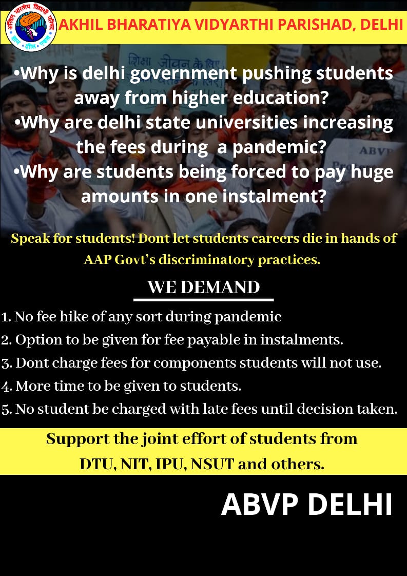 ABVPDelhi's tweet photo. Give justice to students of Delhi! Dont let the future of students of DTU, NIT, NSUT, IP die in hands of Kejriwal government!
#ABVPDelhi https://t.co/9Nm7N2AS25