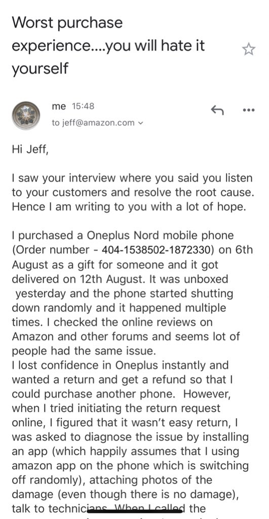 SharadGhag's tweet photo. @JeffBezos Hey Jeff, I am writing to you with a lot of hope because this is not a point issue, it’s a problem to be fixed at its root. This is regarding order number 404-1538502-1872330 for a product I purchased from Amazon and it’s a terrible experience. https://t.co/KUXpyjvwIy