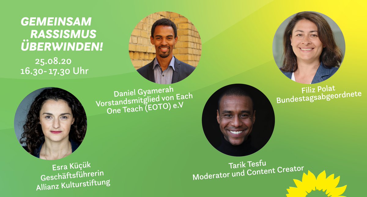 Wir starten eine neue Veranstaltungsreihe: #EinWirFürAlle! Gemeinsam mit euch &amp; vielen Gästen wollen wir diskutieren, wie wir Rassismus überwinden können.

Los geht's mit Tarik Tesfu, <a href="/esrakuecuek/">Esra Küçük</a>, <a href="/DanielGyamerah/">Daniel Gyamerah</a>  &amp; <a href="/filizgreen/">Filiz Polat 🌈💚🦔</a> am 25. August.

Alle Infos: gruene-bundestag.de/termine/ein-wi…