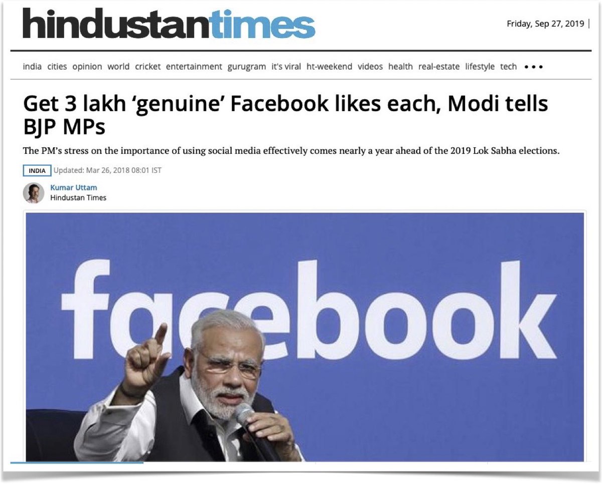 “Get 3 lakh ‘genuine’ Facebook likes each, Modi tells BJP MPs”: While  @Facebook’s lobbyist Ankhi Das was internally clearing the path for hate speech, in March 2018  @narendramodi was exhorting his MPs to get on to FB, which was already in BJP’s pocket:  https://tinyurl.com/y6m347w6 
