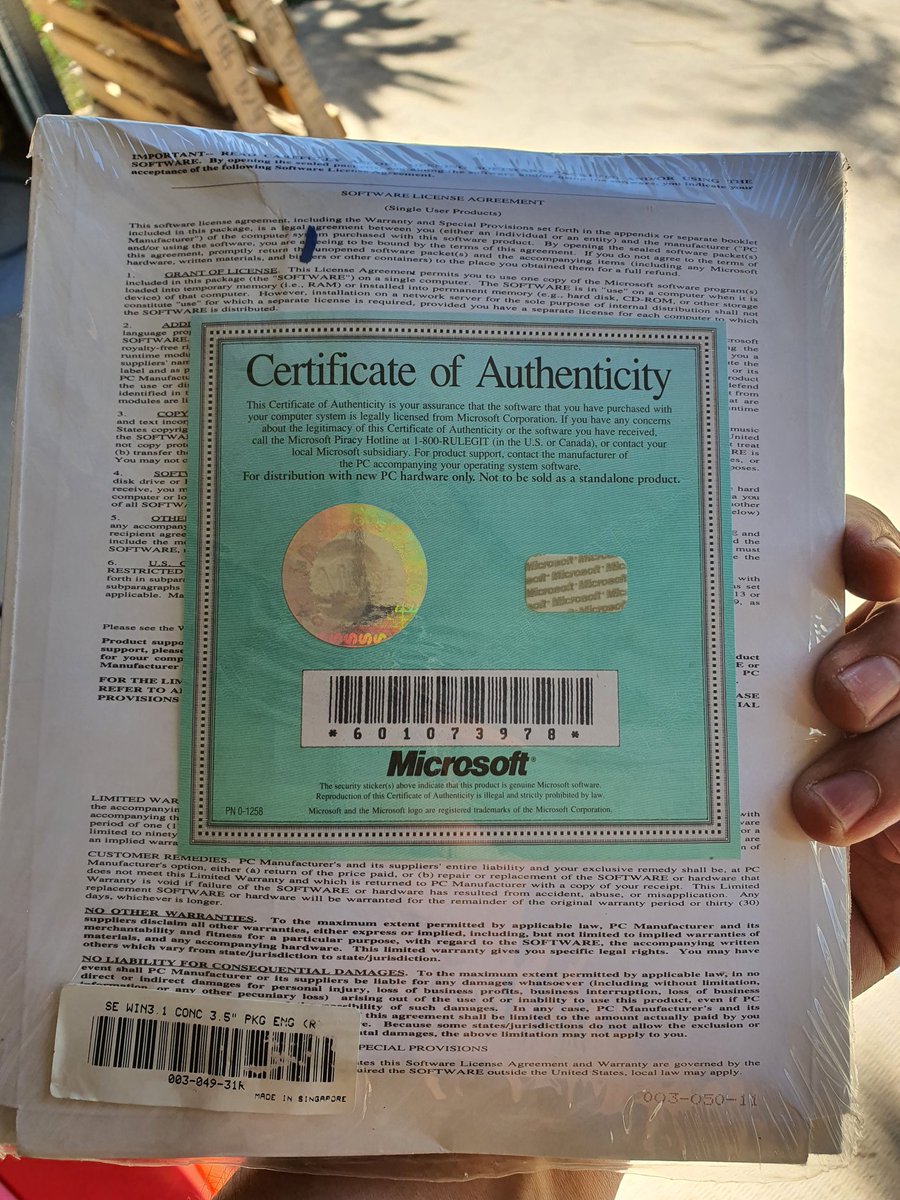noel_fairclough's tweet photo. Was going through a box of old stuff and found my unopened copy of #Windows 3.1.  Complete with #Microsoft cert of authenticity. #Windows10 #MSFTAdvocate #WindowsInsiders #WindowsForWorkgroups https://t.co/Sg9chPrwx6