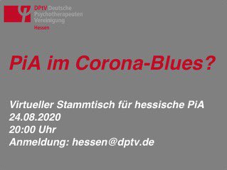 DPtV Hessen (@dptvhessen) on Twitter photo #PiA im Corona-Blues? Virtueller Stammtisch für #hessische #PiA - Auch für (noch) Nichtmitglieder! #gemeinsamstark #Psychotherapie #Psychotherapeuten #Nachwuchs @DPtVfuerJungePT Anmeldung: hessen@dptv.de #PiA im Corona-Blues? Virtueller Stammtisch für #hessische #PiA - Auch für (noch) Nichtmitglieder! #gemeinsamstark #Psychotherapie #Psychotherapeuten #Nachwuchs @DPtVfuerJungePT Anmeldung: hessen@dptv.de