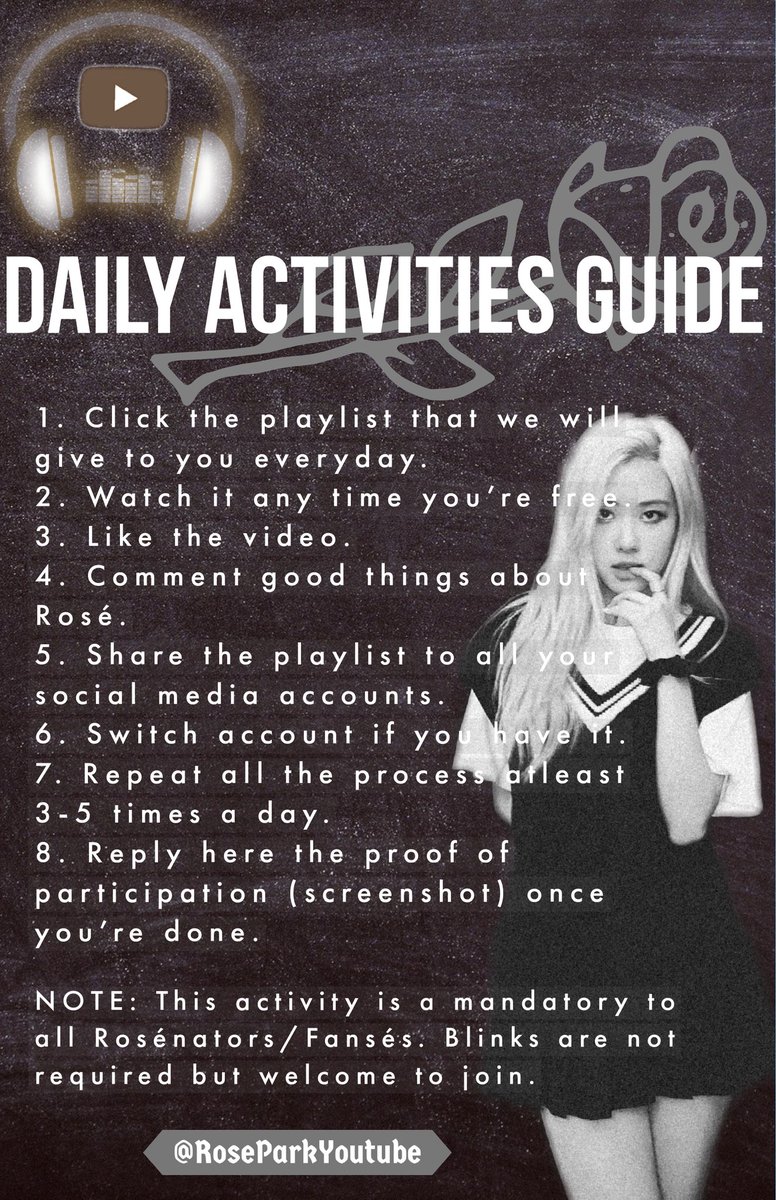 AllRoseVideo's tweet photo. We will start tomorrow fansés! We will give you a link of playlist everyday here at 10AM KST. This is our daily Activities and the Guidelines. Thank you!

((Eyes Closed and The Christmas Song is for Wednesday and Sunday Streaming Party.))

블랙핑크 로제 #로제 #ROSÉ @BLACKPINK https://t.co/0pXJUzJ2jr