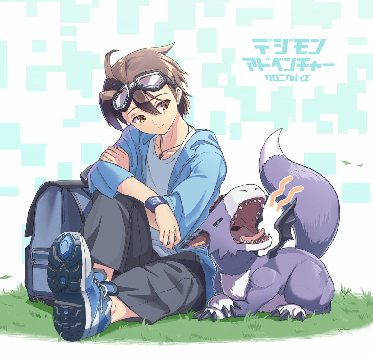 1boy digimon (creature) brown hair goggles male focus goggles on head sitting  illustration images