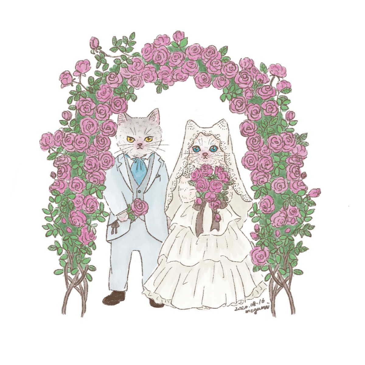 石川 恵 いしかわめぐみ 結婚式 ちょっと強引ですが二つのイラストを合体させました バラのアーチ 猫イラスト 白猫 Whitecat ウエディングドレス 花イラスト 挿絵 可愛いイラスト イラストレーター カットイラスト ブライダルイラスト 動物