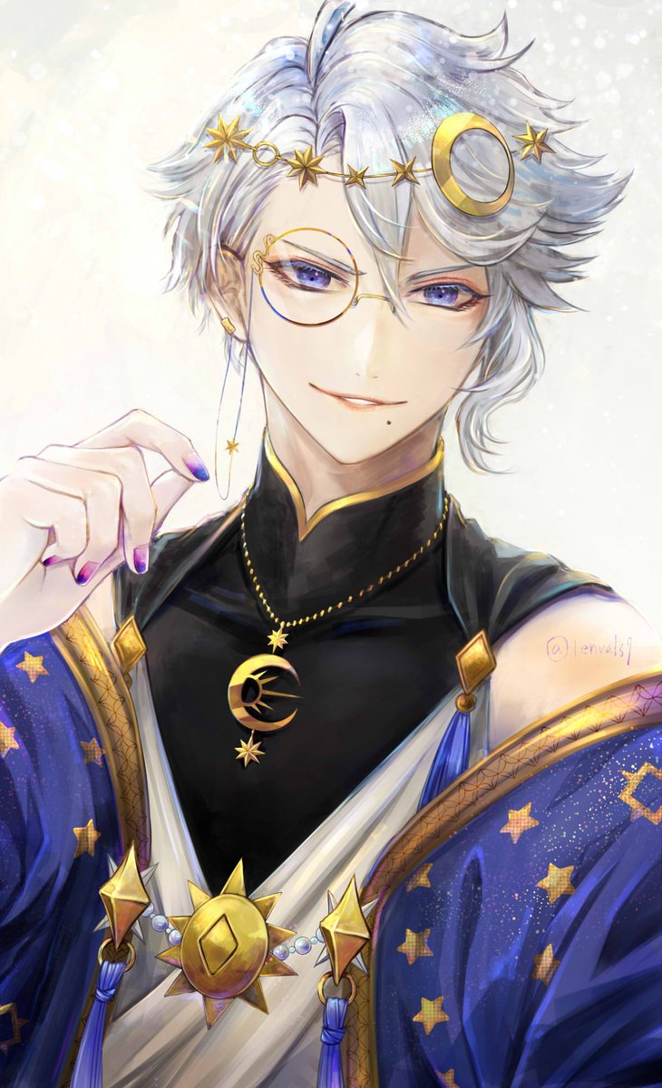 male focus 1boy mole blue eyes jewelry solo crescent  illustration images