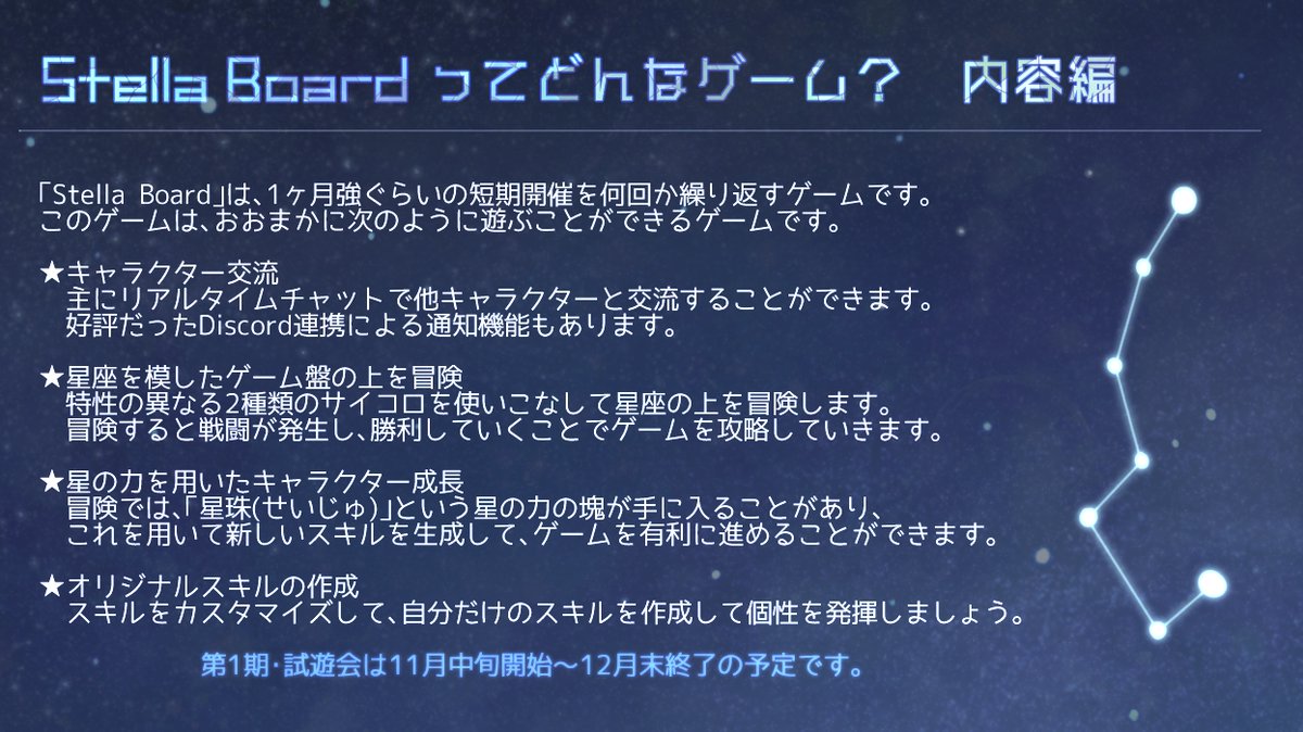 ヒサギ 概要 このゲームはapによる進行で 星座を模した 星空のゲーム盤を攻略したり 参加キャラクターと交流したりするゲームです 11月中旬頃から12月末までの約1 5ヶ月の開催予定となっています 開始時期はややずれる可能性があります ご了承