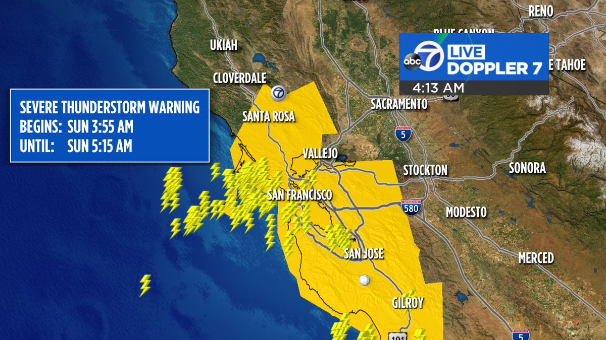 DrewTumaABC7's tweet photo. SEVERE THUNDERSTORM WARNING
Posted for the entire Bay Area until 5:15am. We not only have intense lightning but strong winds moving through. Do not be outside right now. https://t.co/KcK0LWQFZ1
