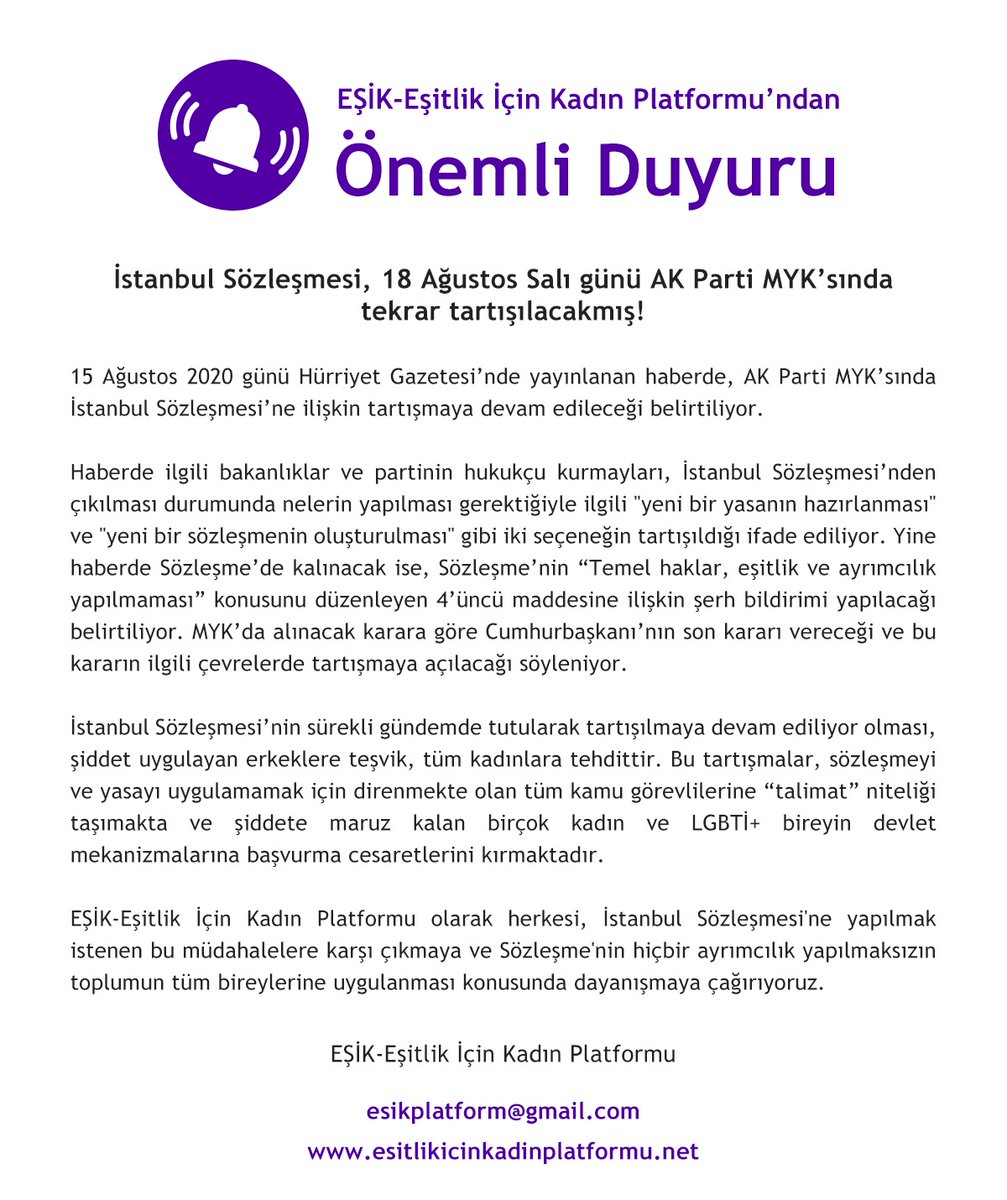 İstanbul Sözleşmesi 18 Ağustos Salı günü AK Parti MYK’sında tekrar tartışılacak. EŞİK herkesi Sözleşmenin uygulanması için dayanışmaya çağırıyor
<a href="/AysenurArslantv/">Ayşenur Arslan</a>
<a href="/acikcenk/">Levent Gültekin</a>
<a href="/Serhan_Asker/">Serhan Asker</a>
<a href="/enveraysevera/">Enver Aysever</a>
<a href="/siring/">Sirin Payzin</a>
<a href="/Nagehanalci/">Nagehan Alci</a> <a href="/abdulkdir_selvi/">abdulkadir selvi</a>