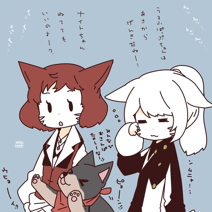 早朝の涼しいうちに犬の散歩に行くミコッテ 