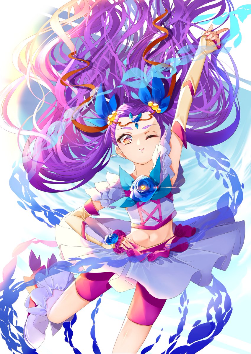 1girl solo long hair one eye closed purple hair smile midriff  illustration images