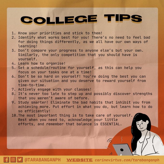 TarabanganPH's tweet photo. Hello, freshies! As you enter college, there are endless possibilities that await you! We’re rooting for you all the way, and we can’t wait to see you maximize your potential and use your talents to make the nation a better place. 

#TarabanganPH 
#CareConnectSupport
#BeatCOVID19 https://t.co/52WLZz0HB5
