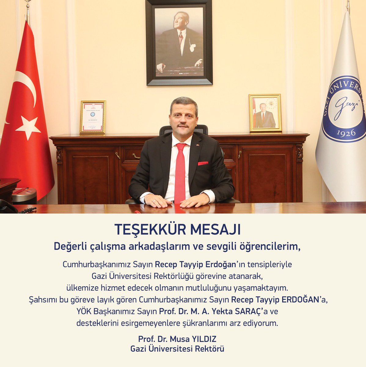 gazi universitesi on twitter universitemiz rektoru prof dr musa yildiz in tesekkur mesaji https t co 2gwqs7hqlf twitter