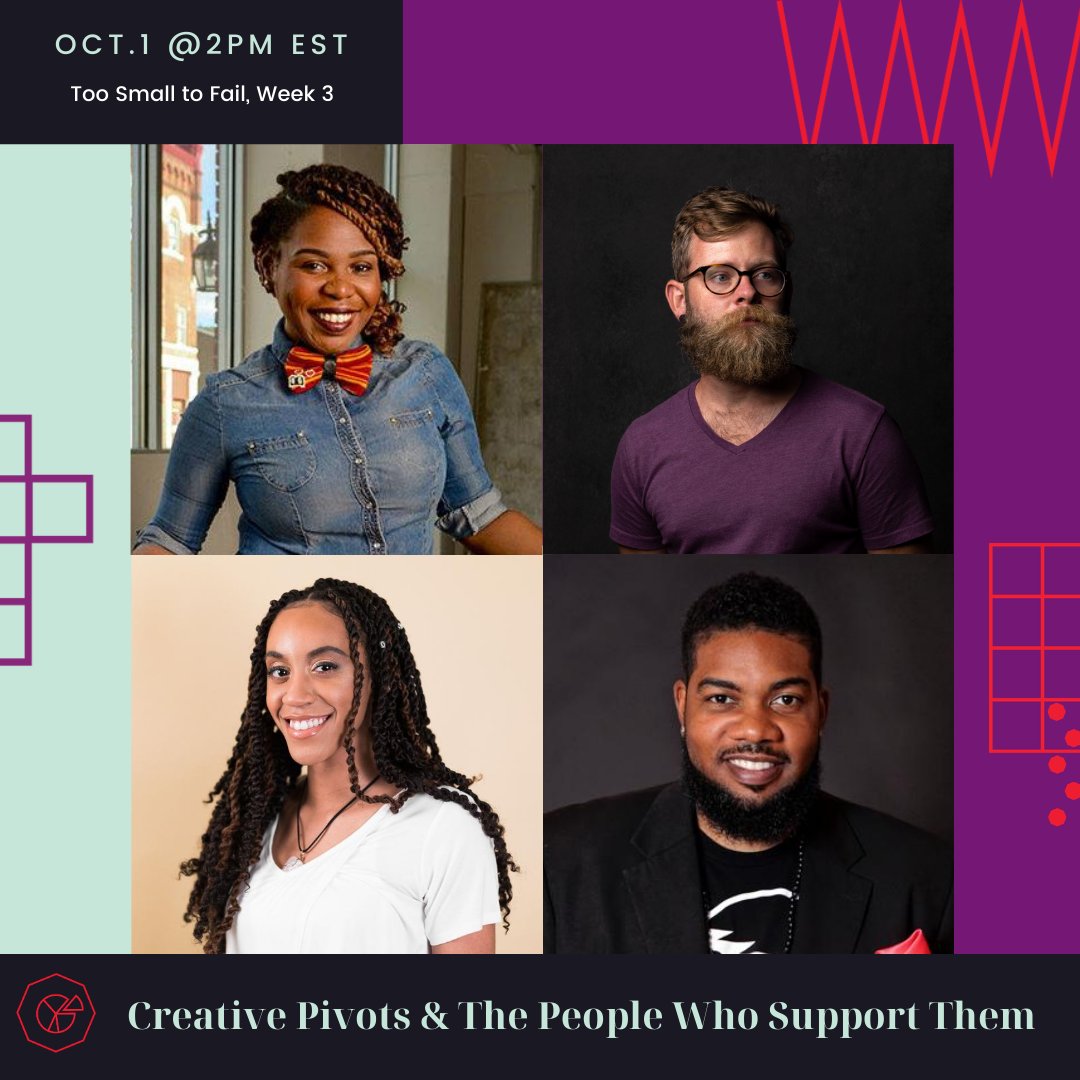 The second Changemaker Session of #TooSmalltoFail will feature Nisha Blackwell of <a href="/Knotzland/">Knotzland</a>, <a href="/diamyn4/">d$</a>, <a href="/justcallmeALLEN/">Allen of Naptown ™</a> of <a href="/weareMORTAR/">MORTAR HQ 🧱 Equitable Entrepreneurial Ecosystems</a>, and <a href="/Nickdphotos/">NickDavis Photograpy</a> of Sidekick RVA, as part of “Creative Pivots &amp; The People Who Support Them.” Learn more &amp; register: bit.ly/3fRcR2o