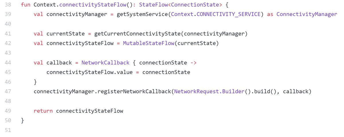imShreyasPatil's tweet image. 🌊#CallbackFlow / #StateFlow🌊
Observing network changes using Kotlin&apos;s #Flow 🌊.
Callback flow works great🚀. Can&apos;t remove observers in StateFlow once Activity is not in use.

Callback flow is perfect to use in such use cases😍🚀

See Gist: gist.github.com/PatilShreyas/8…

#AndroidDev