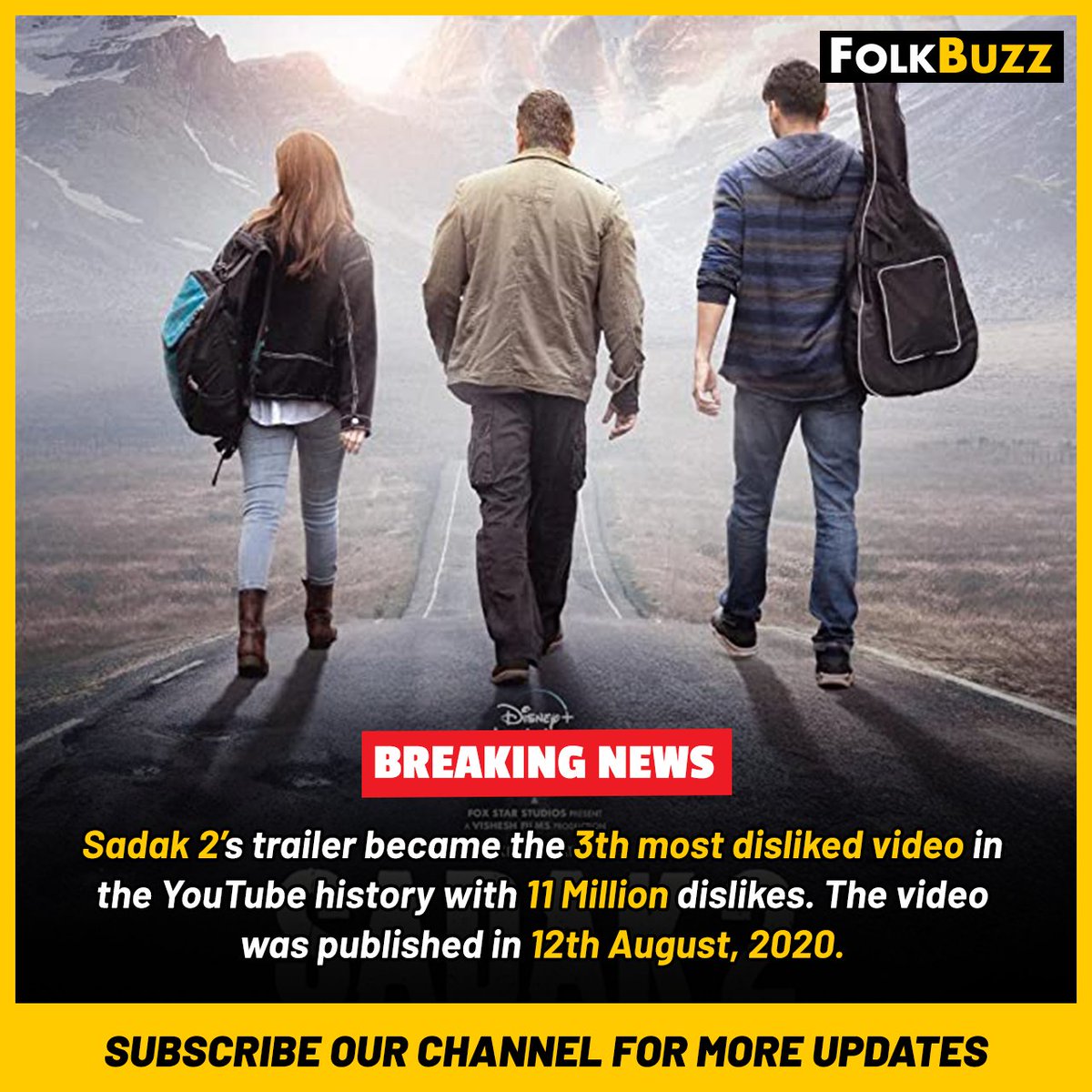 Folkbuzz8's tweet photo. Sadak 2 trailer became the world 3rd most disliked video!!
#sadak2 #sadak2trailer #maheshbhatt #aliabhatt https://t.co/NpP0UikWhx