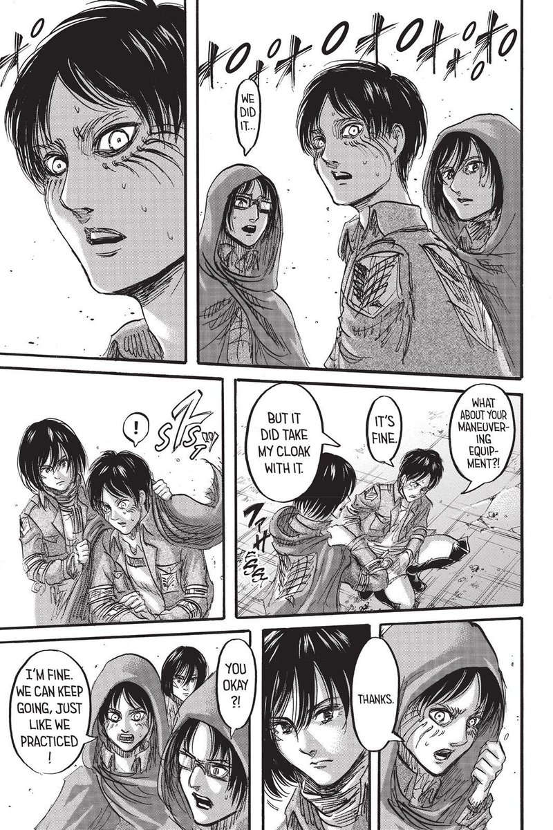 • rts arc.when eren doubted himself about him sealing the wall. mika said this and then eren felt relieved. (yeah only for a sec before levi said "not yet").