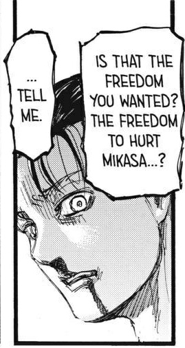 • the cursed ch. 112.honestly, do i still have tears left? lmao okay so we can see eren's face cracked here when armin said that. ooo we know armin is always capable of looking for someones soft spot. and he knows, eren's soft spot is Mikasa Ackerman.