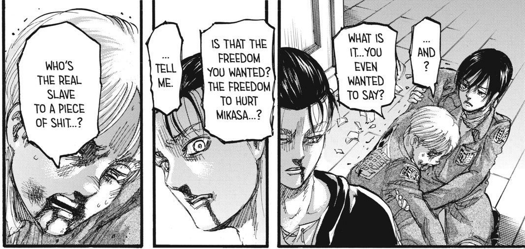 • the cursed ch. 112.honestly, do i still have tears left? lmao okay so we can see eren's face cracked here when armin said that. ooo we know armin is always capable of looking for someones soft spot. and he knows, eren's soft spot is Mikasa Ackerman.