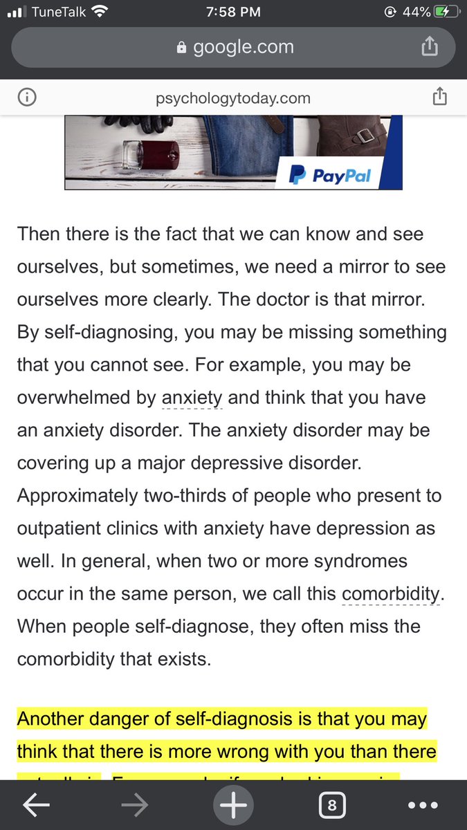 these are the main reasons kenapa jangan self-diagnose, selain sebab yang lain dimana ada some ppl said self-diagnose ibarat anda memperlekehkan kerja psychiatrist dan seolah olah anda misuse word itu because what about patients yang betul2 didiagnose??