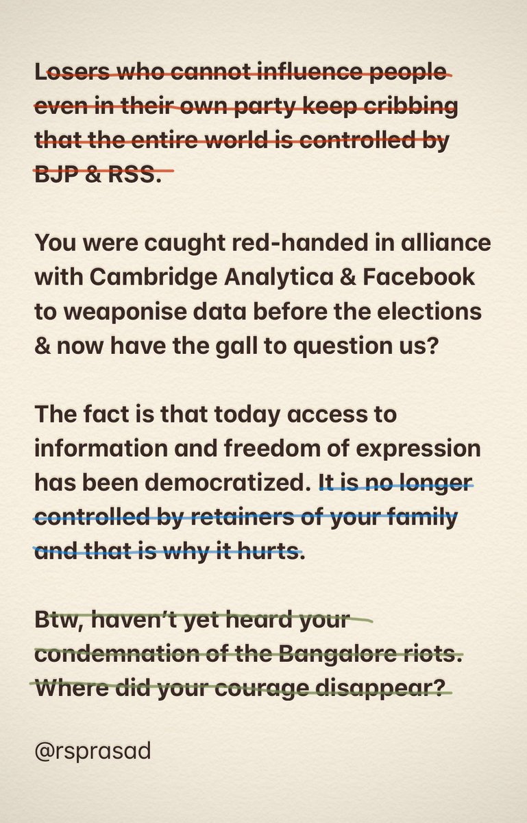 “[You] now have the gall to question us?”: IT minister  @rsprasad’s undignified response to  @RahulGandhi makes no attempt to deny  @WSJ’s charge of  @Facebook petting BJP’s hate mongrels. All it does is take cheap personal potshots, make vacuous claims, and indulge in whataboutery.