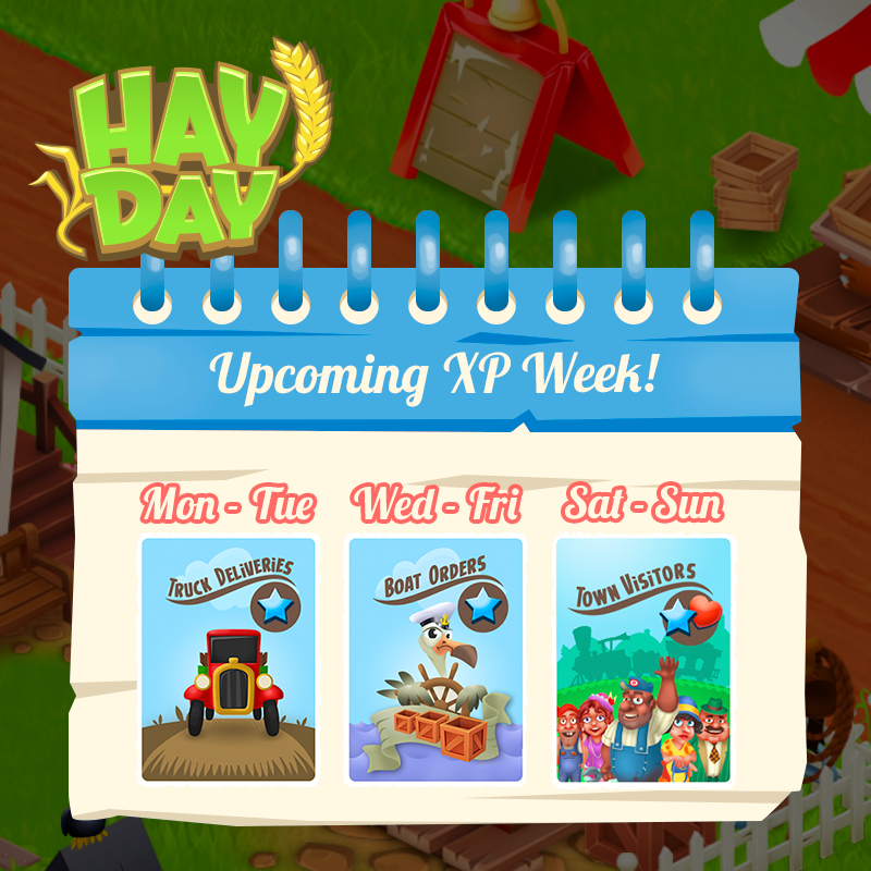 hayday's tweet photo. Get ready for a new XP week!
 
-Monday &amp; Tuesday: Truck orders
-Wednesday to Friday: Boat orders                                
-Saturday &amp; Sunday: Town visitor: XP &amp; rep

*All events start at 8UTC*

For more details on the events, please go to the event board!

Have a fun week! https://t.co/PyB6JtHSZD