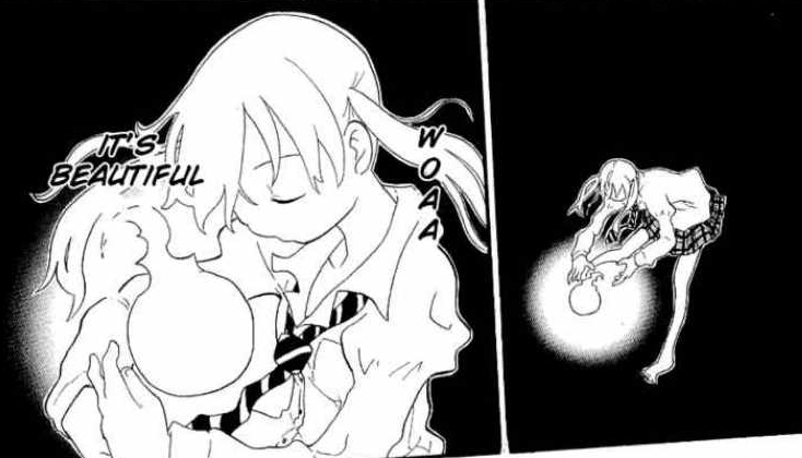 this is from earlier but maka literally picking up and cradling crona's soul while they were still enemies and calling it beautiful right before befriending them....aghnggh maybe this manga does have some rights...... 