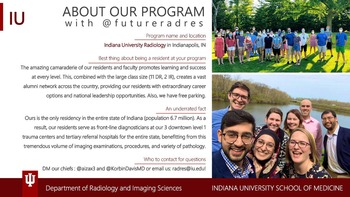 Future Radiology Residents (@futureradres) on Twitter photo 🌎MEET THE PROGRAMS🌎
Indiana University Radiology <a href="/IURadiology/">IU Radiology and Imaging Sciences</a>
📍Indianapolis, IN
💌 <a href="/aizax3/">Aiza Ashraf, MD</a> <a href="/KorbinDavisMD/">Korbin Davis, MD</a>
Email: radres@iu.edu
#RadRes #FutureRadRes 🌎MEET THE PROGRAMS🌎
Indiana University Radiology <a href="/IURadiology/">IU Radiology and Imaging Sciences</a>
📍Indianapolis, IN
💌 <a href="/aizax3/">Aiza Ashraf, MD</a> <a href="/KorbinDavisMD/">Korbin Davis, MD</a>
Email: radres@iu.edu
#RadRes #FutureRadRes
