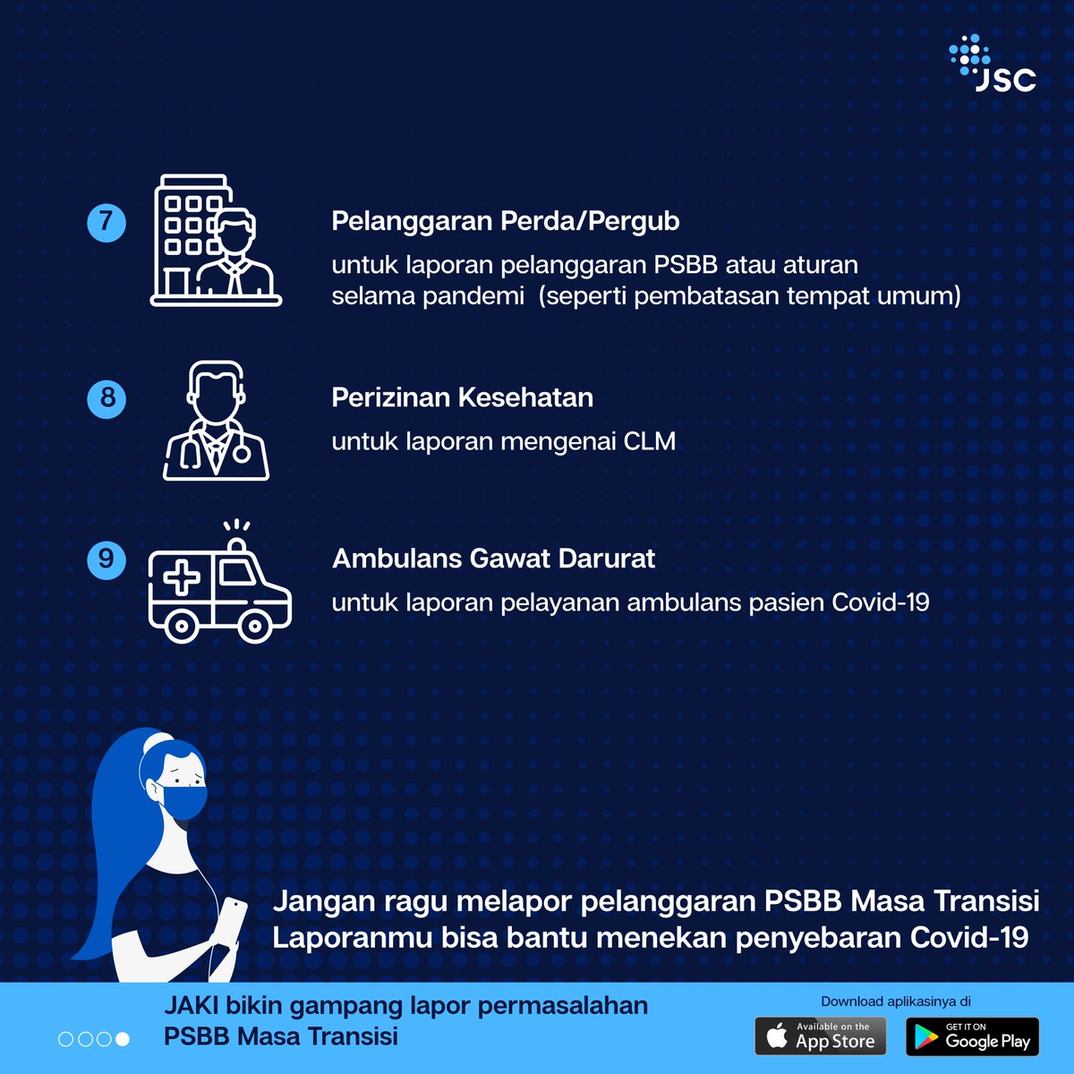 jkt_smartcity's tweet photo. Selama PSBB Transisi kamu bisa melaporkan permasalahan dengan kategori terkait pandemi Covid-19 melalui aplikasi JAKI.

Terdapat lebih dari 5 kategori yang dapat kamu sesuaikan dengan permasalahan yang kamu temui. Cari tahu kategori tersebut melalui infografik berikut. 

#JAKI https://t.co/0JP7Uqhi6j