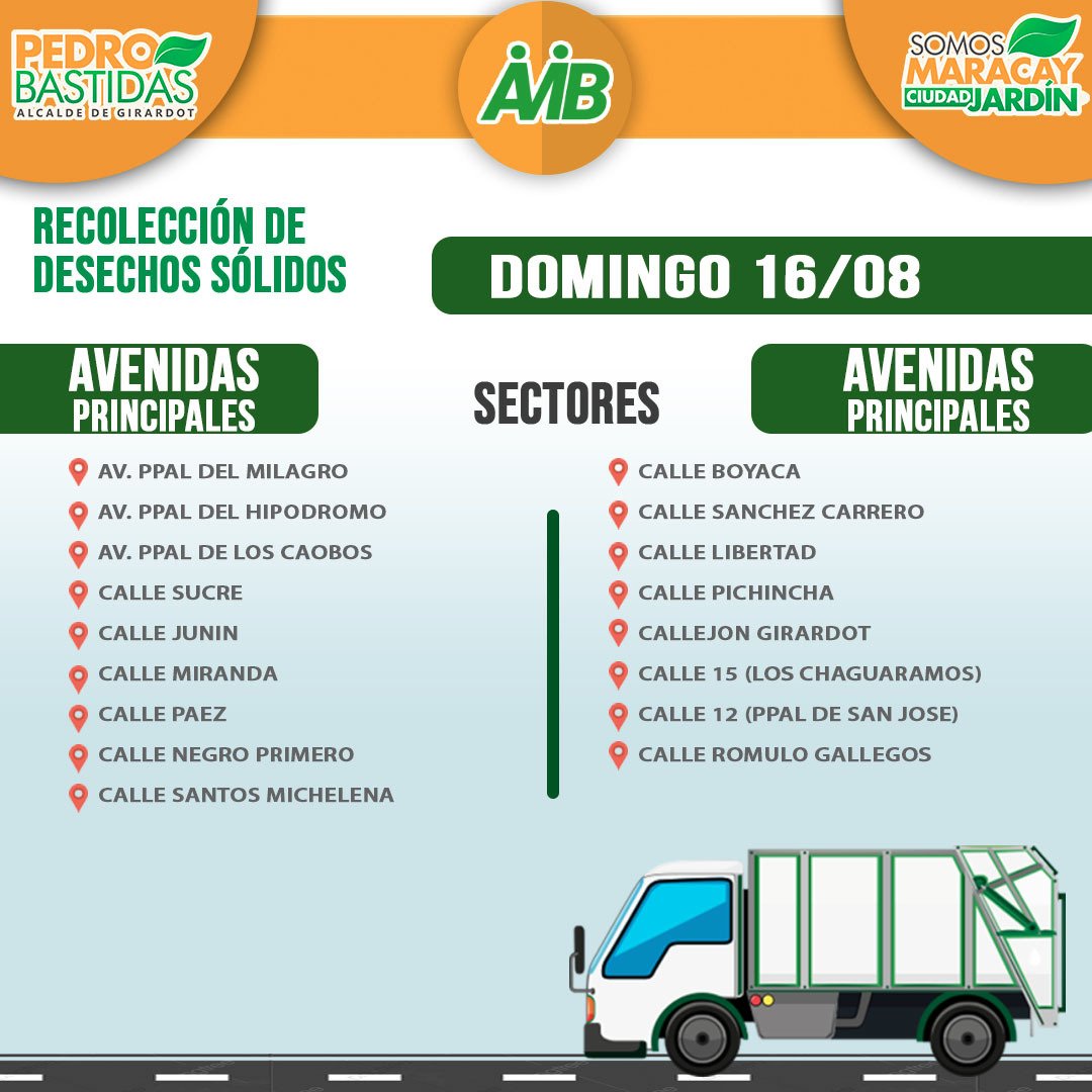 Presentamos la ruta de recolección en las diferentes comunidades y avenidas de nuestra ciudad correspondiente al día de hoy Dimingo #16Ago

¡Con tu apoyo logramos optimizar el servicio de recolección!

#Aragua 
<a href="/mvzlabella/">Misión Venezuela Bella</a> <a href="/RMarcoTorres/">Rodolfo Marco Torres</a> <a href="/AlcaldePedroB/">Pedro Bastidas</a> <a href="/IAMIB11/">IAMIB</a>